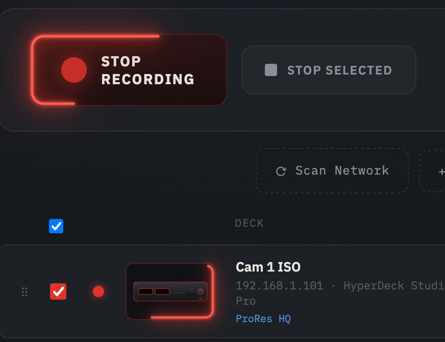 HyperDeckSync deck list and control cluster